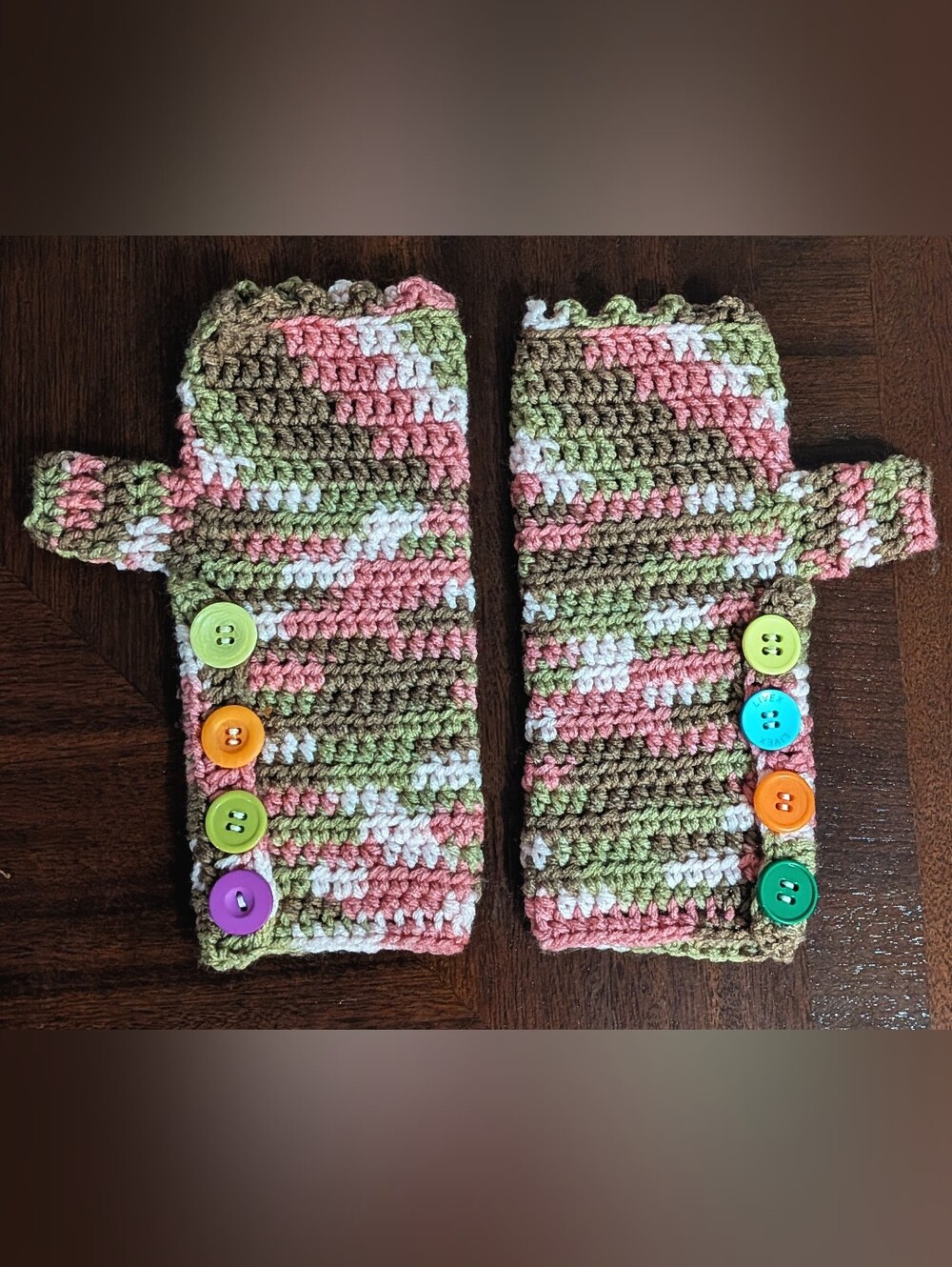 Grandma Farrey's Handmade Crocheted Fingerless Mittens In Pink, Green and White